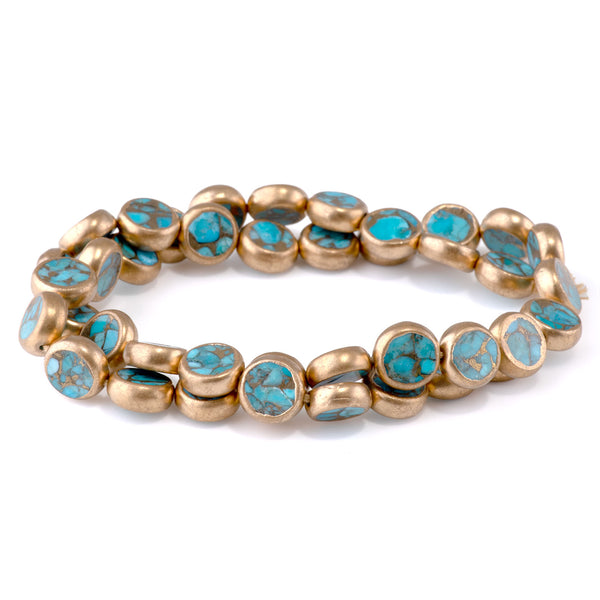 Hubei Turquoise with Copper Painted Edge and Gold Matrix 10mm Blue Coin - 15-16 Inch