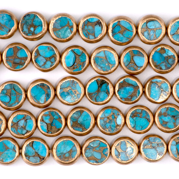 Hubei Turquoise with Copper Painted Edge and Gold Matrix 10mm Blue Coin - 15-16 Inch