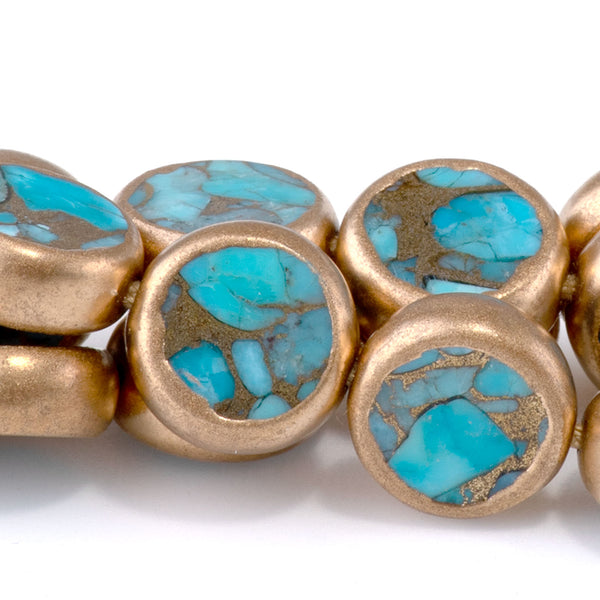Hubei Turquoise with Copper Painted Edge and Gold Matrix 10mm Blue Coin - 15-16 Inch
