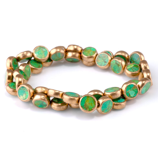 Hubei Turquoise with Copper Painted Edge and Gold Matrix 10mm Green Coin - 15-16 Inch