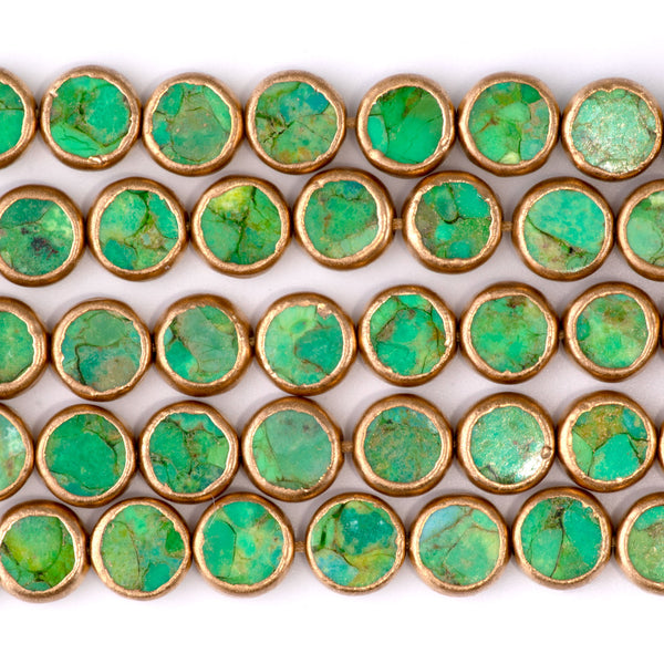 Hubei Turquoise with Copper Painted Edge and Gold Matrix 10mm Green Coin - 15-16 Inch