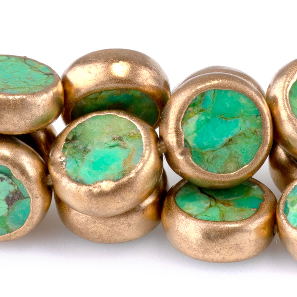 Hubei Turquoise with Copper Painted Edge and Gold Matrix 10mm Green Coin - 15-16 Inch