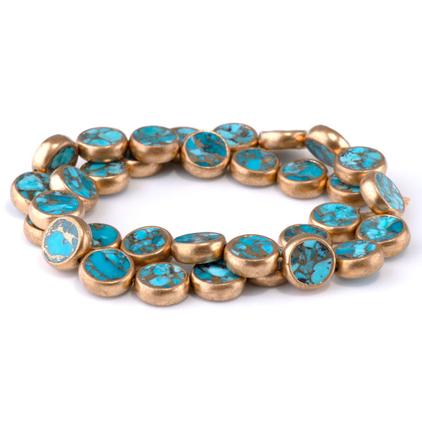 Hubei Turquoise with Copper Painted Edge and Gold Matrix 12mm Blue Coin - 15-16 Inch