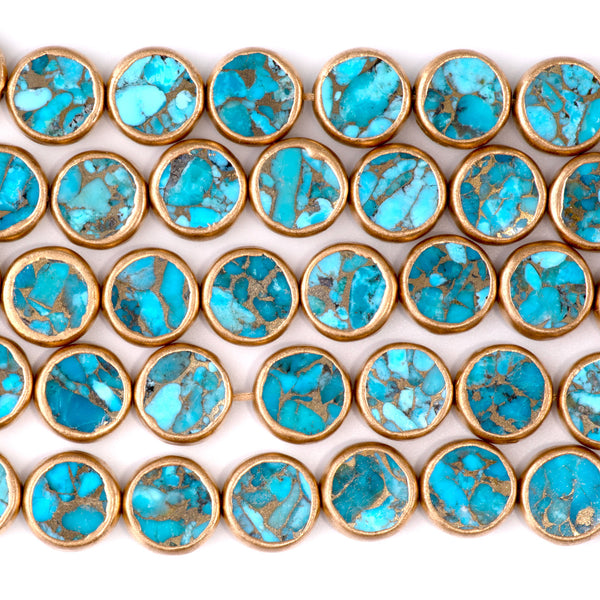 Hubei Turquoise with Copper Painted Edge and Gold Matrix 12mm Blue Coin - 15-16 Inch