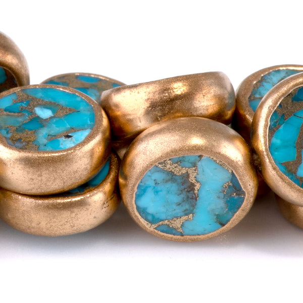 Hubei Turquoise with Copper Painted Edge and Gold Matrix 12mm Blue Coin - 15-16 Inch