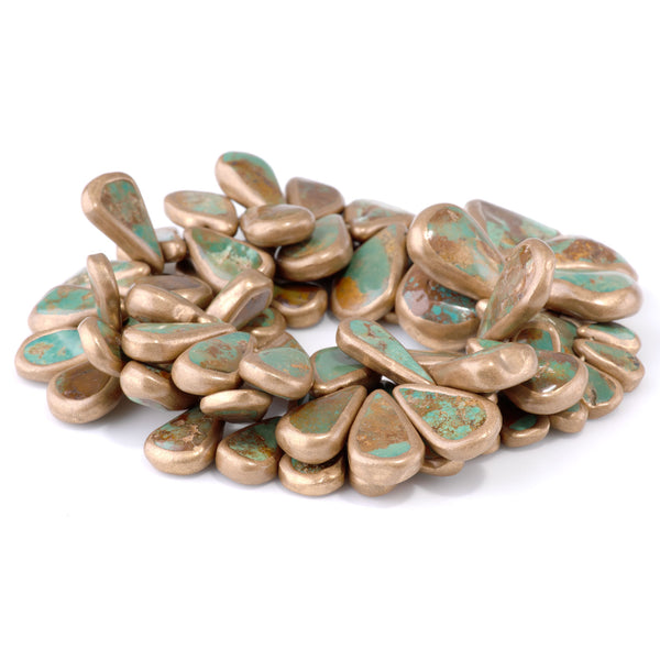 Hubei Turquoise with Copper Painted Edge 8x13-18x26mm Green/Brown Graduated Top Drill Drop - 15-16 Inch