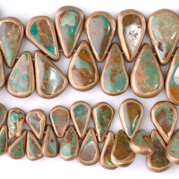 Hubei Turquoise with Copper Painted Edge 8x13-18x26mm Green/Brown Graduated Top Drill Drop - 15-16 Inch