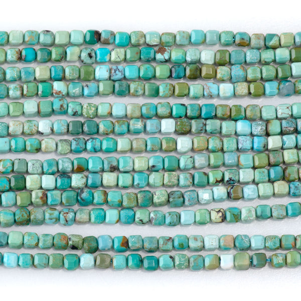 Hubei Turquoise 3mm Blue Green Table Cut Cube AA Grade Bead - 15-16 Inch