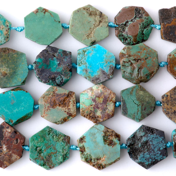 Hubei Turquoise 12-18mm Freeform Flat Hexagon - 15-16 Inch