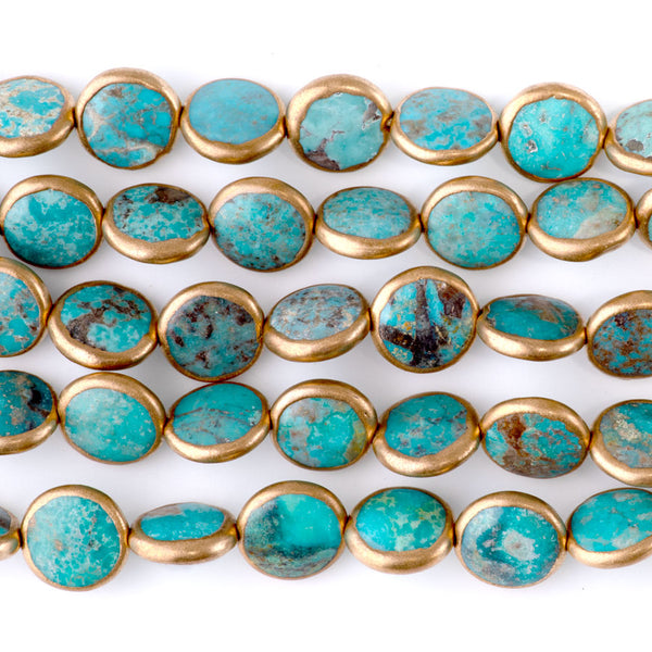 Hubei Turquoise with Copper Painted Edge 12mm Coin - 15-16 Inch