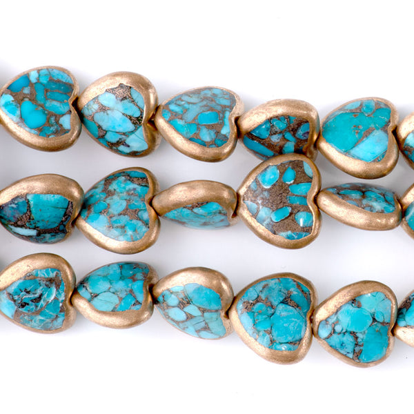 Hubei Turquoise with Copper Painted Edge 12x16mm Heart - 15-16 Inch