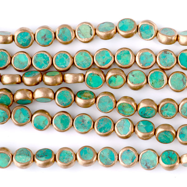 Hubei Turquoise Green with Copper Painted Edge 8mm Coin - 15-16 Inch