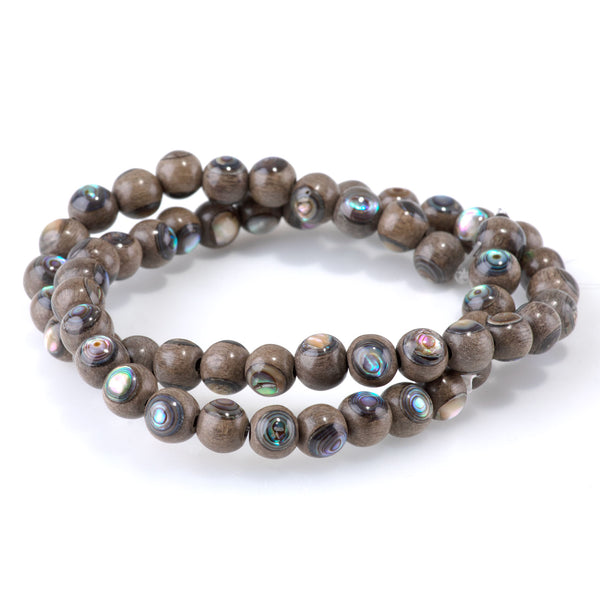 Gray Wood with Abalone Inlay 8mm Round Bead - 15-16 Inch