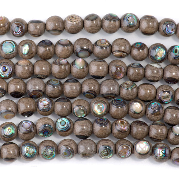 Gray Wood with Abalone Inlay 8mm Round Bead - 15-16 Inch