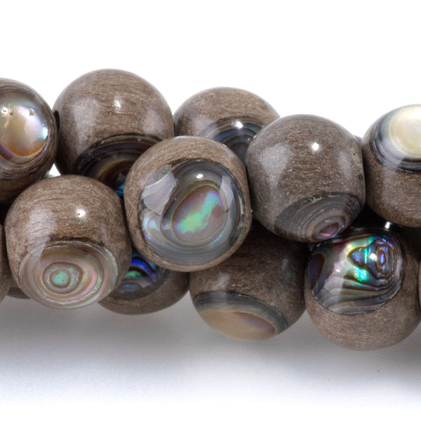 Gray Wood with Abalone Inlay 8mm Round Bead - 15-16 Inch