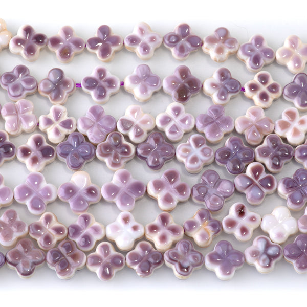 Wampum Shell 8-9mm Carved Clover Bead - 15-16 Inch