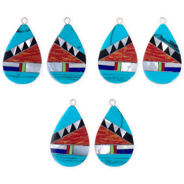 32mm Turquoise, Coral, and MOP Mosaic Drop Pendant Pair