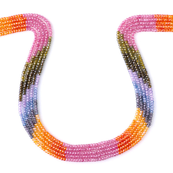Cubic Zirconia (CZ) 2x3mm Faceted Rondelle 9 Multi Color Banded - 15-16 Inch