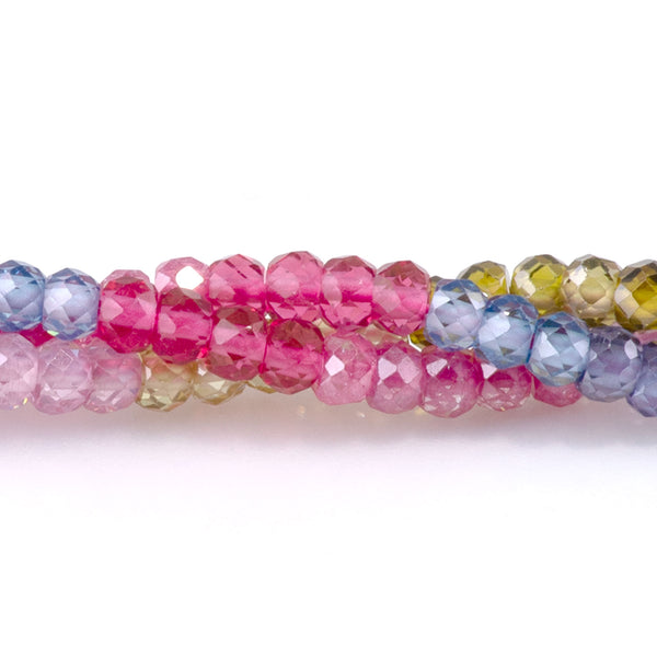 Cubic Zirconia (CZ) 2x3mm Faceted Rondelle Green, Pink, & Purple Banded - 15-16 Inch